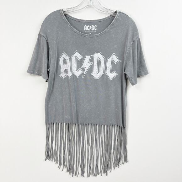 AC/DC Gray T Shirt Medium Fringe Bottom Band Tee Rock and Roll Music Women's Med - Picture 1 of 7